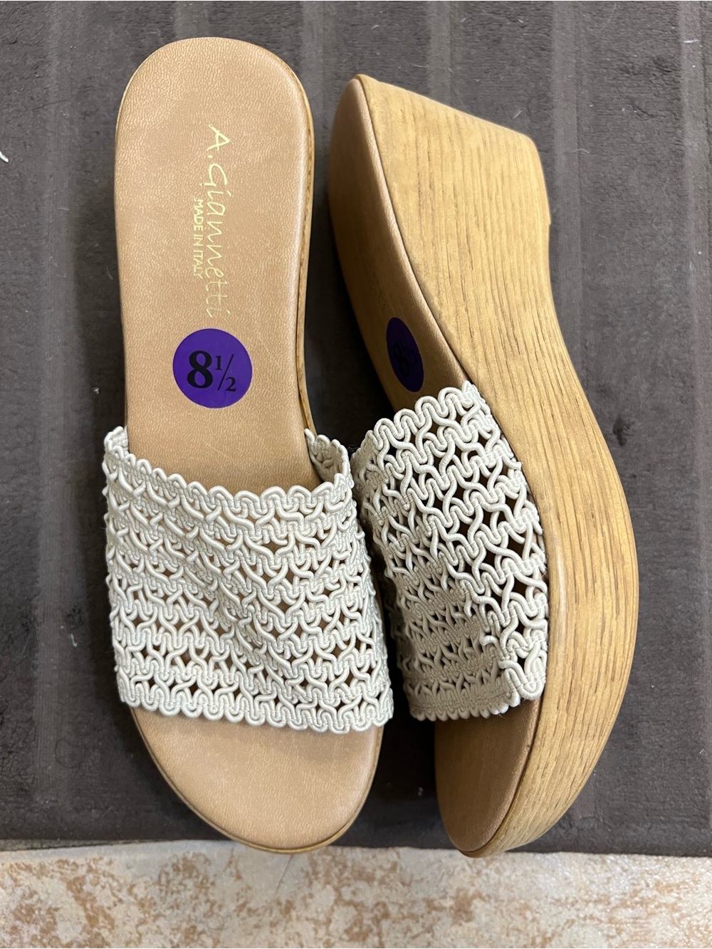 Brand new A. Giannetti Cream Macramé Slide Wedge